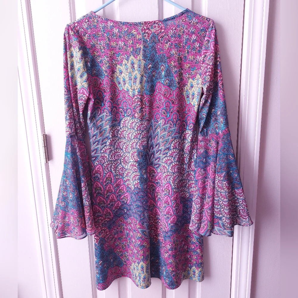 MSK - Geometric Multi-Colored Abstract Mini Dress Bell Sleeves - Picture 3 of 6